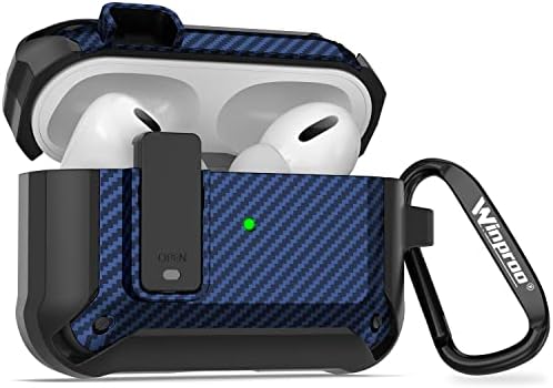 Winproo Airpods Pro 2nd Generation Case Cover with Lock, Military Hard Shell Airpod Pro 2 Case Carbon Fiber Texture, Full-Body Shockproof Protective Airpods Case Skin with Keychain [Blue]