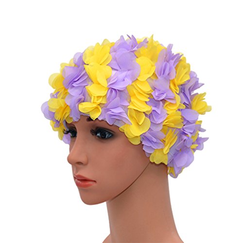 Medifier Gorro de natación vintage de encaje floral pétalo retro estilo gorras de baño para las mujeres púrpura y amarillo Cover