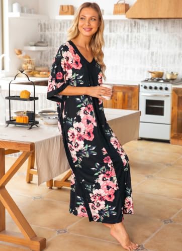 Image of Bloggerlove Women Nightgowns Cotton Caftan House Dress Short Sleeve Sleepwear Vacation Beach Moo Moos Dress with Pockets