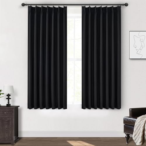 Image of Black Out Kitchen Curtains 45 Inch Length 2 Panels Set, Mini Textured Linen Pinch Pleated Thick Drapes Room Darkening Insulated Black Small Window Curtain with Hooks Rings Back Tab 40 inchWx45 inchL Blackout
