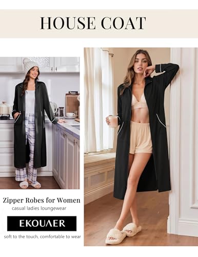 Image of Ekouaer Zipper Robes for Women Long Sleeve Lightweight House Coats with Pockets Zip Up Bathrobe Loungewear S-3XL