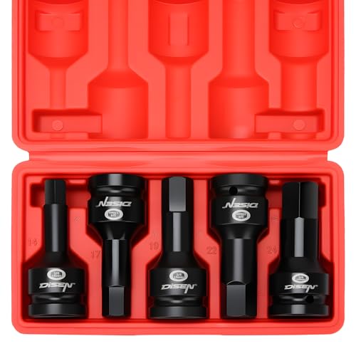 Image of DISEN 3 /4 Inch Drive Impact Hex Driver Set, 5-Piece, Metric, 14mm, 17mm, 19mm, 22mm, 24mm, CR-MO Steel, Professional Mechanic Repair 3 /4 inch Hex Socket Set