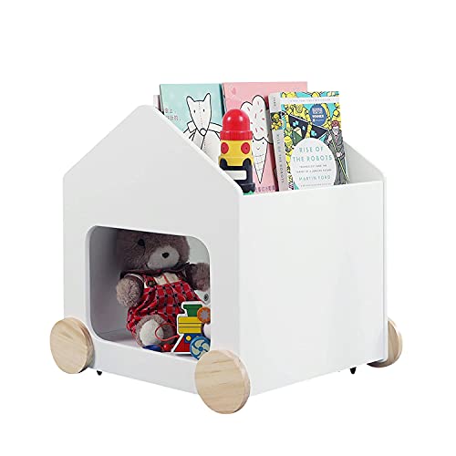 Jolie Vallée Toys & Home Wooden Kids Bookshelf, 2 In 1 Children's Bookcase With Toy Storage, Baby Book Organizer With Wheels, Book Cabinet/Book Rack/Toy Box White #TOP20