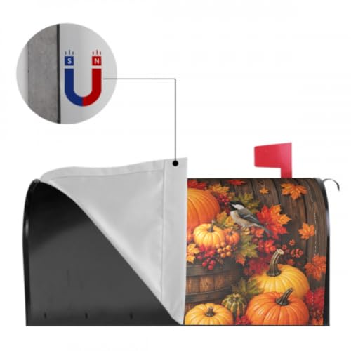Image of Autumn Magnetic Mailbox Cover Farmhouse Fall Pumpkin Birds Maple Leaf Rustic Thanksgiving Mailbox Wrap Post Cover Standard Size 21x18Inch for Garden Yard Outdoor Seasonal Decor