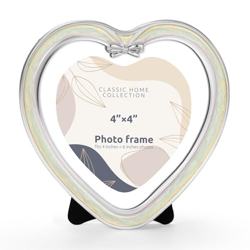 Elbertina Metal Bow Style Picture Frame 4x4 Decorative Photo Frames with HD-cover Elegant Home Decor for Family Photos Wedding Anniversary (Silver Heart (4x4))