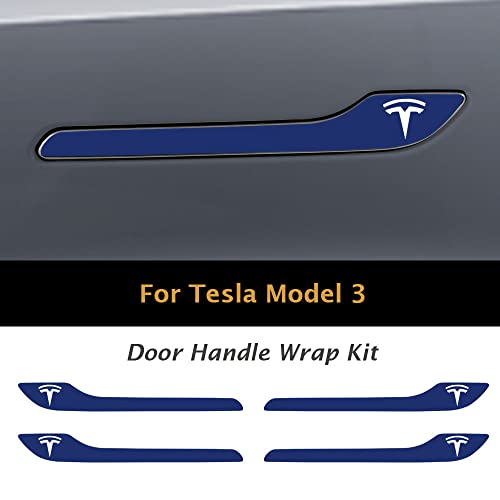 Image of IPG Compatible for Model 3 / Model Y /Juniper Door Handle Decal Sticker Wrap Kit (Set of 4) with Tesla Logo Personalize Your Tesla (Navy Blue)