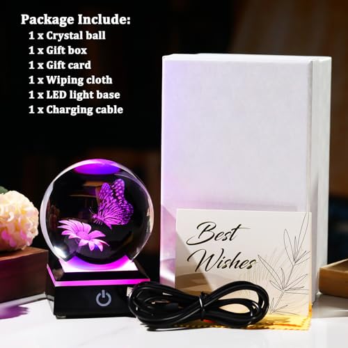 Image of Arikyrist 3D Crystal Ball Butterfly Flower Figurine with LED Base, Laser Butterfly Gifts for Women Men, Glass Butterfly Statue Ball Night Light for Christmas Birthday Home Decor (80mm)