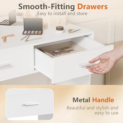 Image of YESHOMY Vanity Desk with Mirror, Makeup Table with 11 Adjustable Lights and 2 Spacious Drawers, Soft-Padded Storage Stool, 3 Lighting Modes with Control, for Bedroom, Snow White