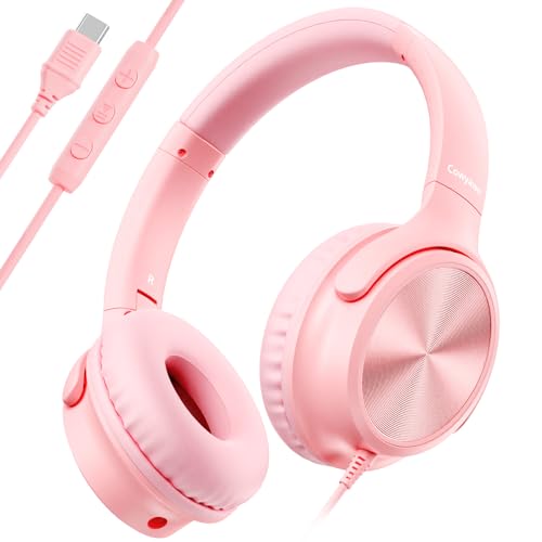 Cowyawn Auriculare USB C con Cable, Auriculares supraurales con micrófono, Control de Volumen, Sonido estéreo HD, Auriculares Ligeros y Plegables para Adultos, Adolescentes, Chromebooks (Rosa)