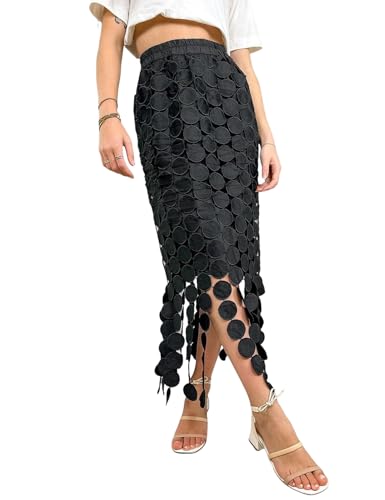 Arssm Womens Hollow Out Maxi Skirts Boho Fringe Hem Skirt Elastic High Waist Long Skirt Flowy Outfit