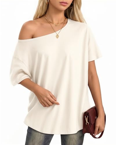 Image of ALGALAROUND Women Off The Shoulder Oversized Short Sleeve Top White XL