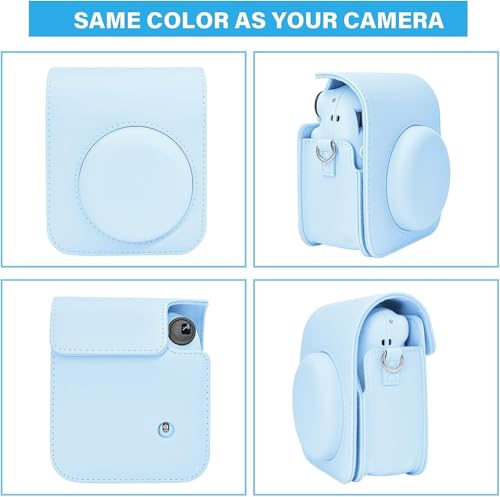 Image of Breatoi PU Leather Camera Case for Mini 12 - Rainproof, Soft, and Stylish in Pastel Blue with Adjustable Shoulder Strap