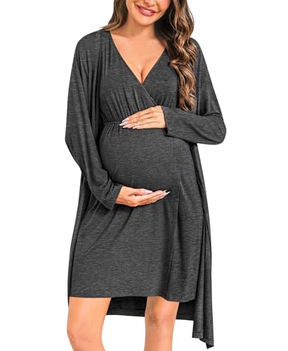 Image of LecGee Women Maternity Nursing Robe Labor Delivery Dress Breastfeed Bathrobes 3 in 1 Hospital Robes Postpartum Essentials Pregnancy Gown, Small, Dark Grey
