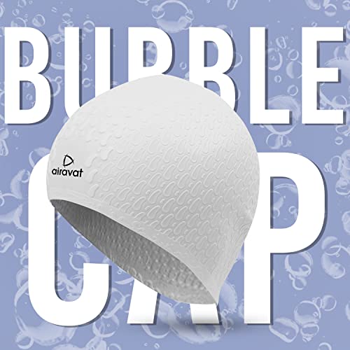 Image of Airavat Swim Bubble Cap, Silicone Swim Cap, Comfortable Bathing Cap Ideal for Curly Short Medium Long Hair, Swimming Cap for Women and Men (White)