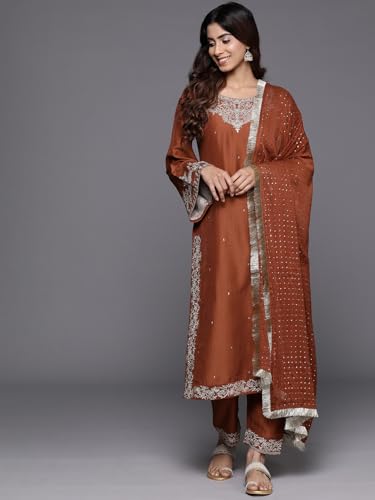 Image of Women's Embroidered Silk Blend Kurta & Trousers With Dupatta | Ethnic Kurta Sets for Women | Straight Kurta Sets & Trousers With Dupatta