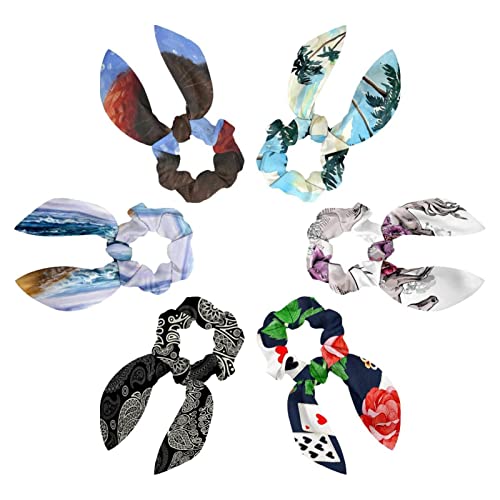 6PCS Hair Scarf Scruncheis for Women Girls, Ribbon Bow Elastic Hair Ties Bands Satin Hair Ribbon Scrunchy Ponytail Holder Accessories,Summer Vacation Palm Tree Beach Painting