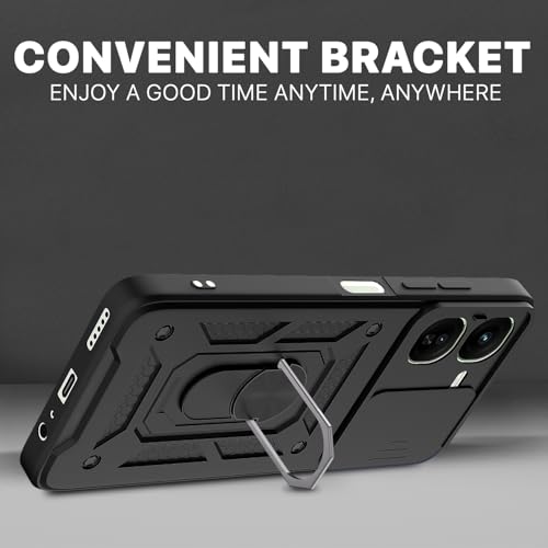 Image of Pikkme D10 Tough Armor Bumper Case | 360 Protection Case | Sliding Camera Shield Cover & Ring Holder Stand Back Cover for iQOO Z9X 5G (Black)