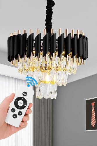 Image of Modern Ceiling Lamp 3-Tier Round Crystal Chandelier for Living Room | Bluetooth Remote Control and Moving Round| Speaker+ Multi Color LED Light (Remote Black Gold, 400MM)