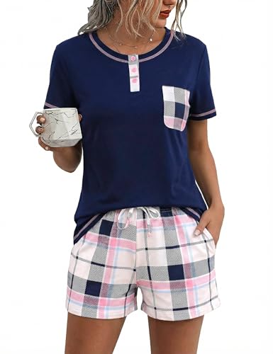 Litherday Pijama Mujer Verano Algodón Conjunto de Dos Piezas con Camiseta de Manga Larga y Cuadros Pantalón con Cordón y Bolsillos Loungewear