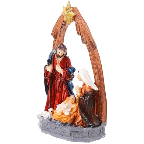 Housoutil Decoración Navideña de Resina Jesús Nacimiento Luz LED Estatua Artesanal para Escritorio Adorno Religioso para Hogar y Fiesta de Navidad