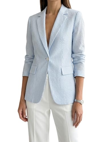 Rescay Women Blazer for Summer Striped Seersucker Jacket Casual Dressy Outfits for Wedding Working Blue Size S