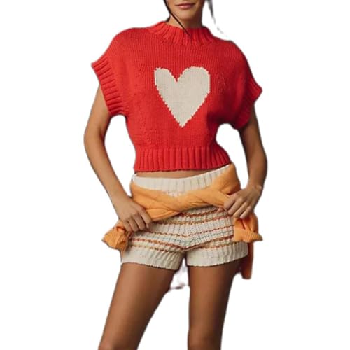 Womens Short Sleeve Sweater Heart Mock Neck Crop Knitted Tops Casual Office Party Sweater