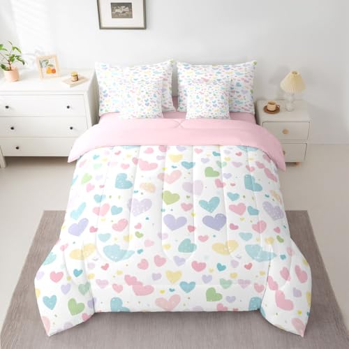 Image of Erosebridal Cute Heart Queen Comforter Set 7 Piece Valentine Love Heart Comforter Set Rainbow Hand Drawn Style Bedding Sets for Kids Girls Cartoon Geometric Sheet Set with Comforter