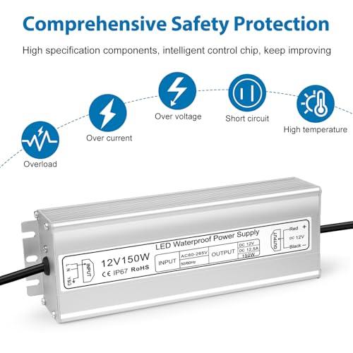 Image of 150W 12V LED Power Supply Waterproof IP67, AC 80-265V to DC 12V 12.5A LED Driver Transformer for Outdoor Landscape Lighting, LED Strip Lights, with 3-Prong Plug 3.3FT Cable