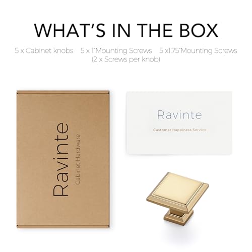 Image of Ravinte 5 Pack 1-3 /16 Inch Champagne Bronze Kitchen Square Cabinet Knobs Solid Drawer Pulls Single Hole Kitchen Cabinet Hardware Knobs for Cabinets and Drawers