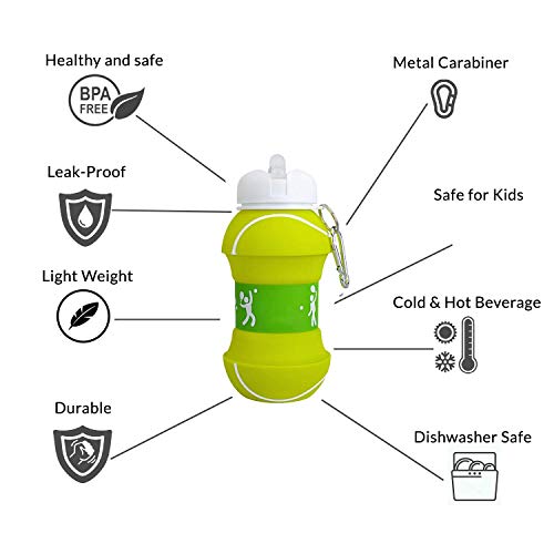 Sports Water Bottle For Kids Boys Girls School Bike Travel Gift 19 Oz Collapsible Squeezable Soccer Tennis Baseball Leakproof Cup (Tennis) #TOP4