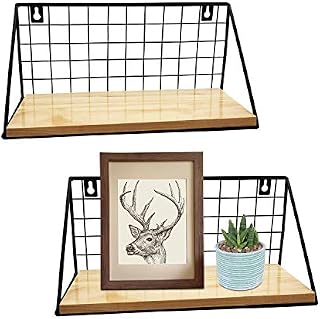 Puninoto Rustic Floating Shelves Wall Mounted Set of 2,Modern Wood Wall Storage Shelves with Metal Wire Grid Display Racks Home Decor Wall shelve for Bathroom,Living Room,Kitchen,Office