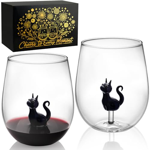 OWATRKDEY 3D Black Cat Stemless Wine Glass, Cat Decor Set of 2 Hand Blown Drinking Glasses, BlackCat Lover Gifts for Women Birthday Wedding Party CatDad Gifts Cute Mothers Day Gift (14oz)