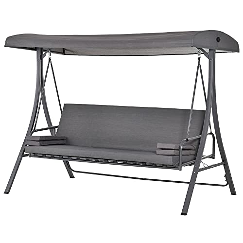 Outsunny Outdoor 2-in-1 Swing Chair & Garden Swing Seat Bed 3 Seater Garden Bench Lounger Hammock Bed Adjustable Canopy W/Cushion, Pillow, Grey
