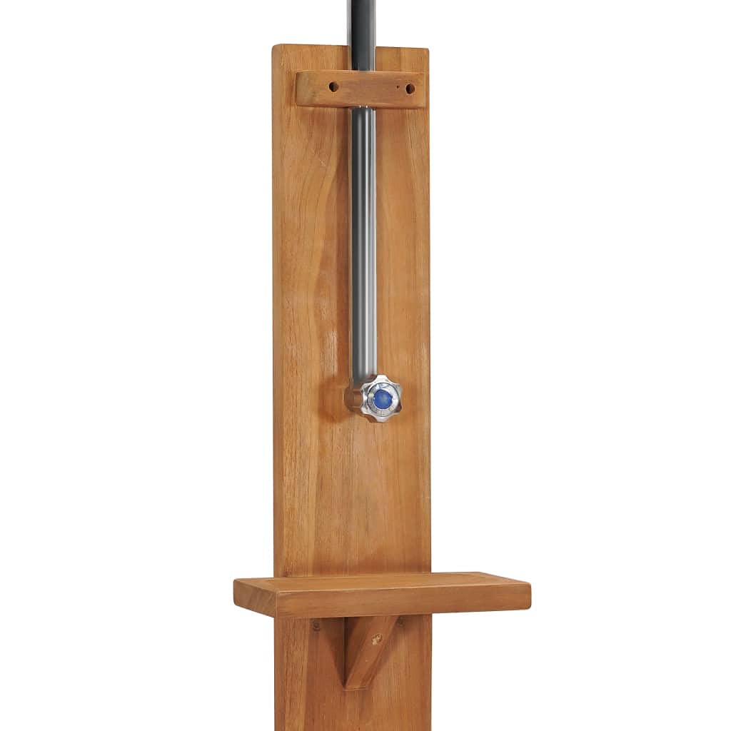 Ducha de jardín de madera maciza de teca 75 x 75 x 210 cm con tubo de acero inoxidable, base antideslizante, estante, adecuada para jardín, piscina, jacuzzi, piscina, spa, jacuzzi