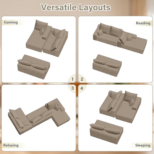 Image of 166.9 inch Cloud Sectional Couch with L-Shape Chaise, Upholstered Corduroy Couches Sleeper with Deep Seat, Modern Modular Comfy Sofa Chaise Longue for Living Room Bedroom, No Assembly Required, Camel