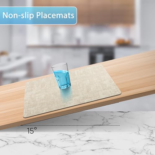 Placemats Set of 8 Washable, Heat Resistant Table Placemats Wipeable Faux Leather Place Mats Non Slip, Waterproof Square Table Mats for Indoor Outdoor, Beige