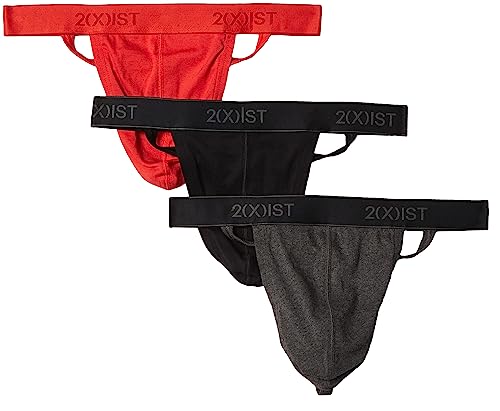 2(X)Ist 020302-968-MD Men'S Essential Cotton Y-Back Thong 3-Pack,Black/Charcoal Heather/Poppy Red,Medium cover