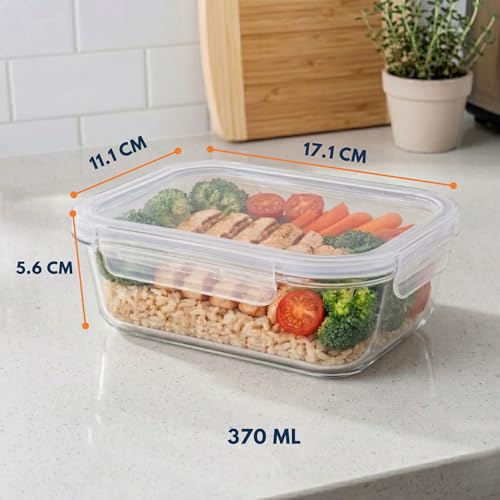 Image of Essentia Glass Lunch Box Borosilicate Container with Leakproof 4-Way Lock Lid, Removable Silicone Gasket, Anti-Slip Sleeve - Microwave & Freeze Safe, Dishwasher Safe (370ML)