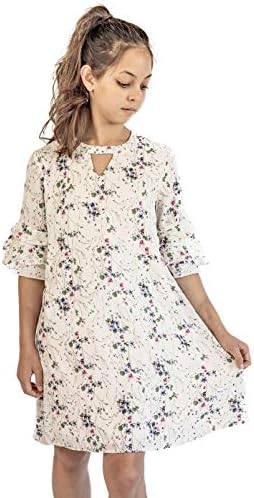 Smukke, Big Girls Tween Beautiful Floral Printed Tiered Ruffle Fully Lined Short Elbow Sleeves Dress(with Options), 7-16 (Ivory, 12)