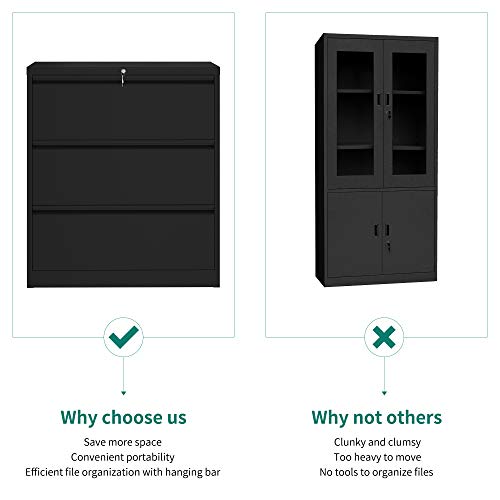 Yitahome 3 Drawer Lateral File Cabinet With Lock, Metal Stainless Steel Wide Lateral Filing Cabinet For Legal/Letter A4 Size, Office Organizer Storage Cabinet, Black #TOP5
