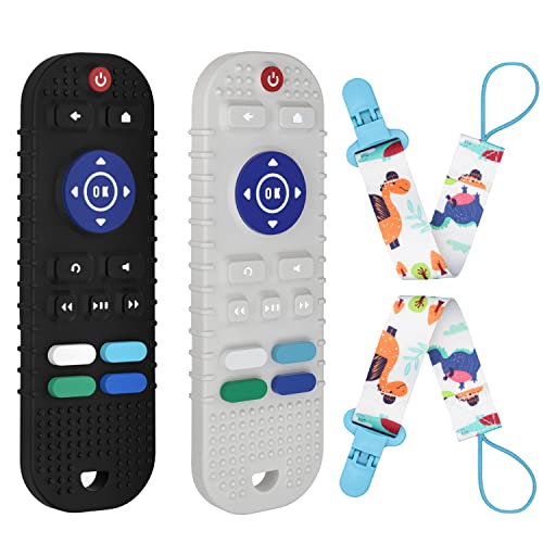 Image of X-KIDS 2-Pack Silicone Baby Teething Toys Remote Control Teether Toys Chew Sensory Teething Toys with 2 Pacifier Clips for Babies 0-6 6-12 Months BPA Free