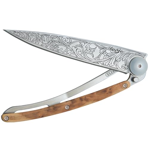  Ultra-light folding pocket knife with belt clip - Juniper Wood 1.3 oz version - Thin and sharp blade - Art Nouveau design - Stainless steel - Elegant and modern design