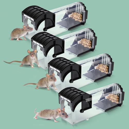 4 X Humane Mouse Traps for Indoors Outdoors, Upgraded Duty Pest Trap for Catch Alive, Fast Acting, Effective, Reusable & Touchless Easy Use Mice Trap, Comes with 2 Cleaning Brushs &Instruction Manual