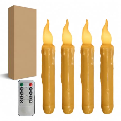 Image of Mustard Yellow Flameless Short Taper Candles, Real Wax Hand Dipped LED Battery Operated with Remote, Flickering Flame Lights for Festival Home Decor, 6.7 Inch Primitive Flameless Candles, 4PCS
