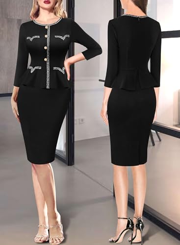 VFSHOW Womens Buttons Peplum Work Business Office Professional Patchwork Pencil Sheath Dress2