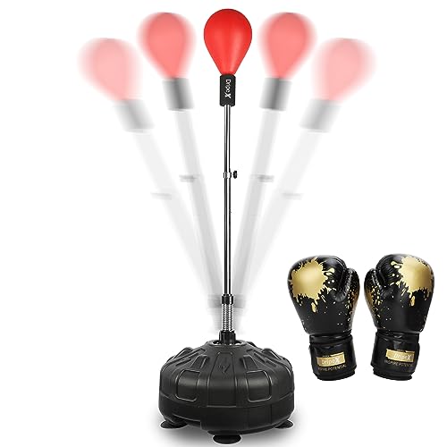 Dripex Punchingball Speedball Verstellbarer freistehender Boxsack Speed-Reflex Trainingsball, Trainingsgerät für Zuhause und Fitnessstudio (Rot mit ‎Boxhandschuhen)