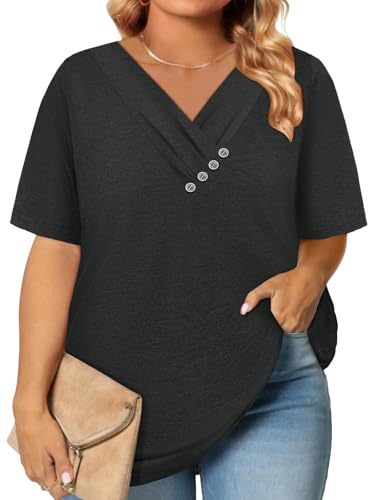 Womens Tops Summer Plus Size Clothes for Women Fashion Clothing Trendy Oversized Tshirts Sweatshirt Button Down Shirts Blouses Dressy Casual Business Beach Vacation Cruise Essentials Outfits Black 3XL