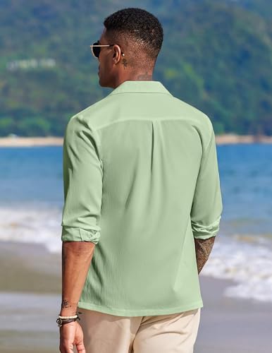 Image of DEELMO Mens Casual Button Down Shirt Summer Beach Shirts Long Sleeve Cuban Collared Tropical Textured Shirts