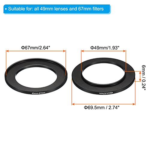 Image of PATIKIL 49mm-67mm Metal Step Up Ring, 2 Pack Camera Lens Filter Adapter Ring Aluminum Filter Adapter Ring for Camera Lenses Hood, Black