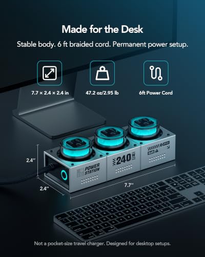 Image of MFish E-Tank 240W GaN Desktop Charging Station, 7-in-1 Desktop Power Hub | 3 AC outlets, 4 USB-C ports, 140W PD 3.1, smart power sharing, RGB lighting
